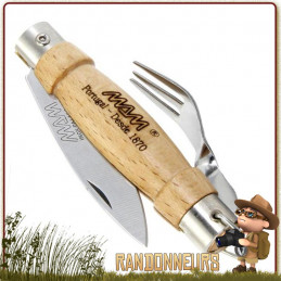 Set Couteau et Couverts de Camping M.A.M. Lame acier inox 6 cm. Manche Hêtre 8 cm idéal pour le trekking