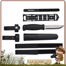 Couteau bushcraft Mora GARBERG Multi mount avec lame full tang acier Carbone 14C28N de 11 cm, manche gomme noir