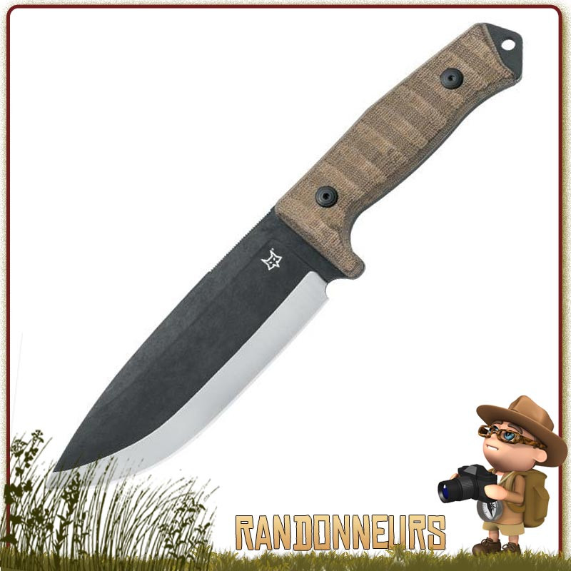 poignard Bushman de Fox Military est un couteau typé bushcraft avec sa grande lame noire de 16 cm en acier D2