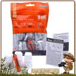 Kit Allume feu tout temps SOL (Survive Outdoors Longer) comprenant des cubes d'amadou brulant en toutes conditions